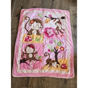 Kidsline Quilted Comforter Monkeys Pink Baby Crib Patch Blanket 42 X 34 Jungle